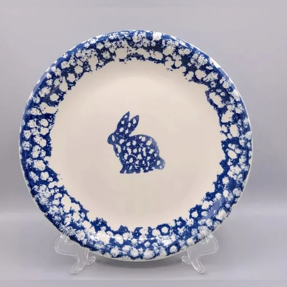 Vintage Tienshan Folk Craft Animals Bunny Dinner Plate, Blue Spongeware - Picture 1 of 3